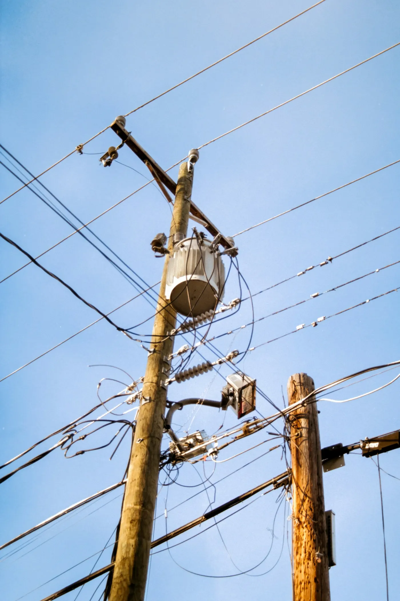 Insulators on the cross-arms of a power pole, each with a label box